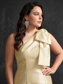 MOTF PREMIUM PLUS SIZE WOMEN'S SPRING/SUMMER BOW ONE-SHOULDER PARTY DRESS - Yellow - View 3