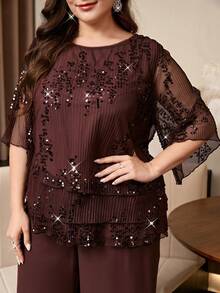 Reflora Plus Size Fashionable Exquisite Sequin Ruffle Hem Top And Loose Long Pants 2 Pieces Set - Brown - View 4