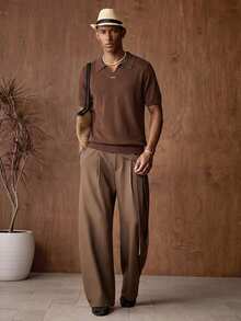 AKNOTIC Men's Solid Color Collared Short Sleeve Casual Knit Top - Coffee Brown - View 3