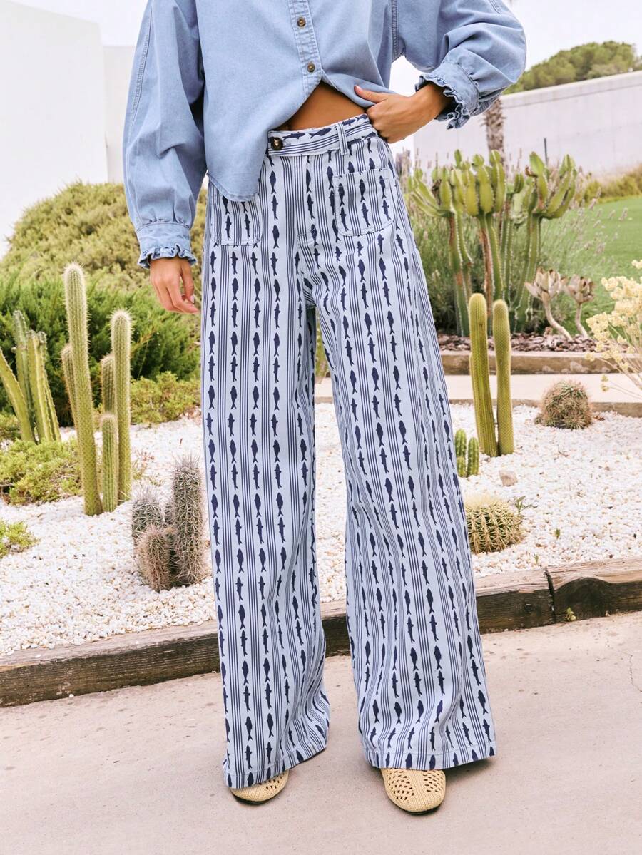 Nöista Wide-Leg Pants In A Fishes And Stripes Printed Fabric With A Mid-Rise Waistband, Button Closure, Front Pockets. Spring, Summer, Music Festival. - Baby Blue - View 1