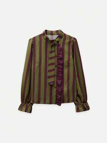 Nöista Olive And Burgundy Striped Blouse With A Tie Neck And Ruffle Trim.  Elegant Blouse Office Wear, Formal Occasions,Day-To-Night,Fall, Autumn, Winter. - Green - View 8