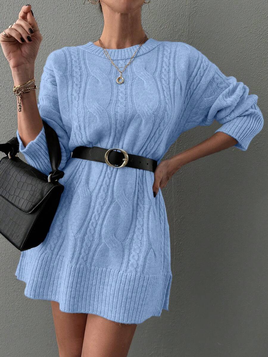 EURMUSE Cable Knit Split Hem Drop Shoulder Sweater Dress Without Belt - Baby Blue - View 1