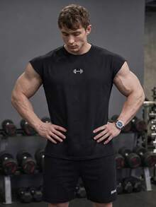 GymBeat 男士休閒運動印花肌肉背心 啞鈴 Logo 夏季健身背心，輕量黑色 - 黑色 - 查看 7