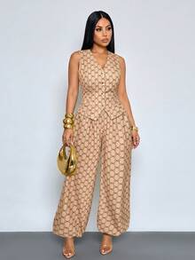 SOLERSUN Women's Old Money Aesthetic Geometric Print V-Neck Waistcoat & Lantern Pants With Pockets Suit - Khaki - View 3