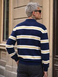 Manfinity LEGND Men's Colorblock Striped Pattern Casual Versatile Daily Wear Sweater, Old Money - Blue - View 2