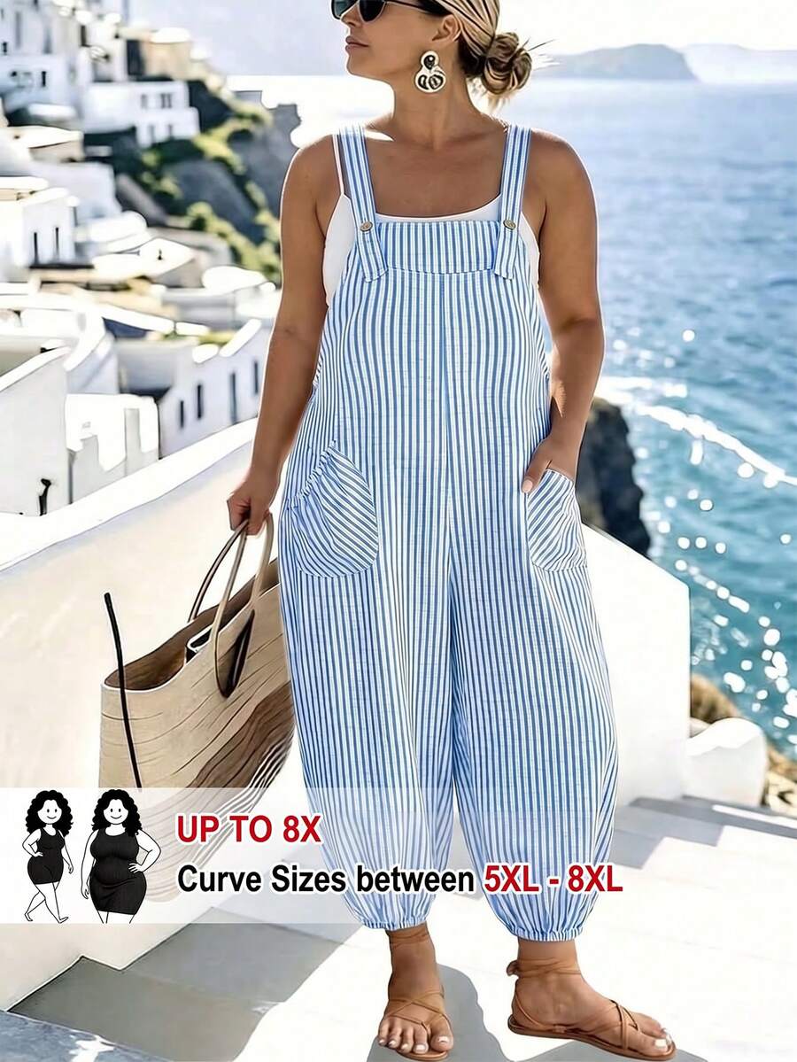 SHEIN CURVE+ Plus Size Women's Spring/Summer Elegant Fashion Commute Striped Pocket Drawstring Overall Jumpsuit - Blue and White - View 1
