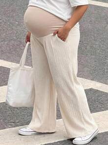 Plussiva Plus Size Maternity Casual Loose Colorblock Patchwork Long Pants - Khaki - View 5