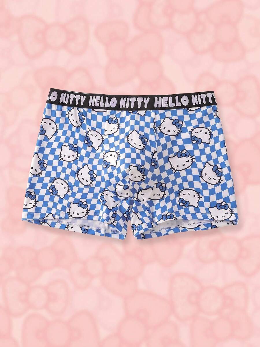 HELLO KITTY AND FRIENDS | SHEIN Men's Checkerboard Cartoon Print Boxer Briefs - Blue and White - View 1
