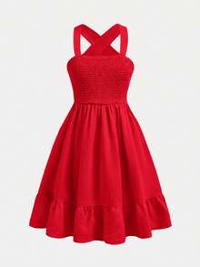 SHEIN Tween Girls' Commuting Fashion Cute Loose Elegant Dress - Red - View 2