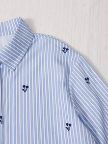 SHEIN 青少年女孩條紋數位印花翻領襯衫背心與長褲三件套 返校季 - 藍色 - 查看 8