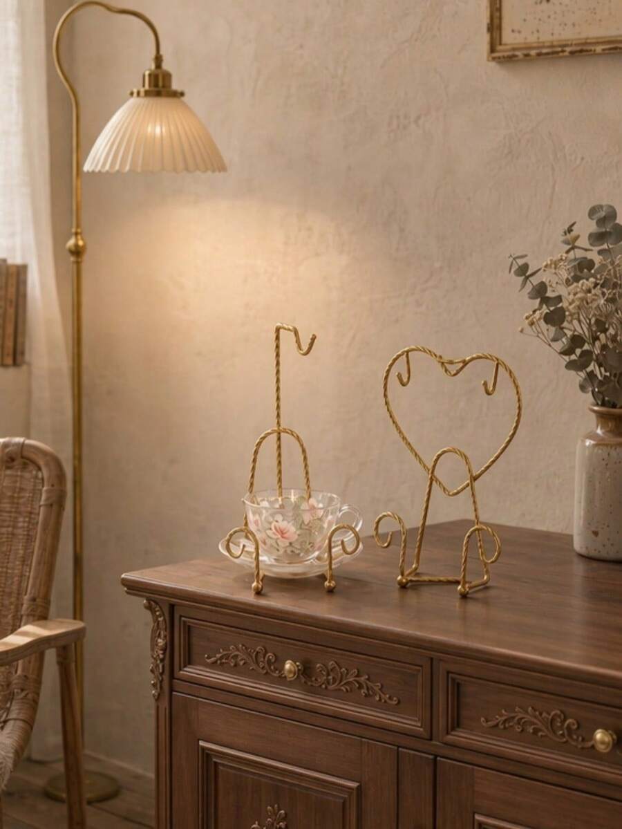 Cirelle 1PC/2PCS Iron Wrought Twist Wire Cup Holder, Golden Heart Shaped Coffee Mug Display Stand, Decorative Tabletop Cup And Saucer Storage Rack, Household Organizer For Afternoon Tea, Kitchen Counter, Dining Table, Living Room, Cafe Home Table Decor - Multicolor - View 1