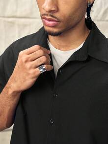 Norleigh Men's Solid Color Short Sleeve Single-Breasted Casual Shirt - Black - View 6