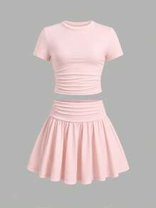 SHEIN Tween Girl 3 Pieces Set Multi-Color Black White Pink Short Sleeve Skirt Outfit - Multicolor - View 7