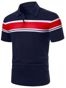 Calvornis 男士條紋短袖休閒通勤 Polo 衫 - 彩色 - 查看 1