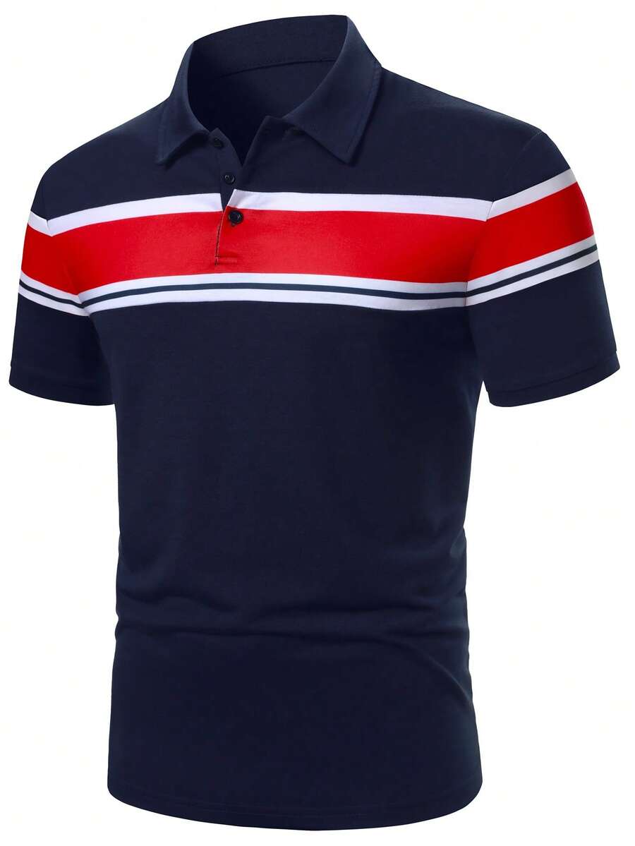 Calvornis 男士條紋短袖休閒通勤 Polo 衫 - 彩色 - 查看 1