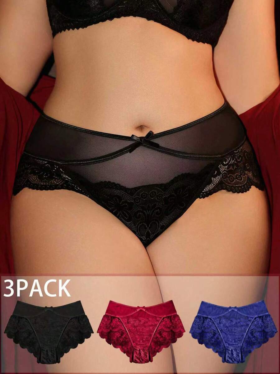 Divavoom Plus Size Classic Sexy Series Lace & Mesh Patchwork High Waist Panties 3pcs/Pack - Multicolor - View 1