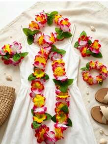 Hawaiian Flower Garlands Set, Hawaiian Leis Necklace, Hawaii Garland Necklace, Tropical Hawaii Flower Theme Party Favors, Tropical Hibiscus Flowers For Summer Pool Parties And Hawaii Theme Parties, For Decoration Fancy Dress - Style F - View 4