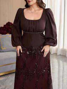 Modelyn Plus Size Women's Sequin Mesh Patchwork Casual Party Dress - Coffee Brown - View 4