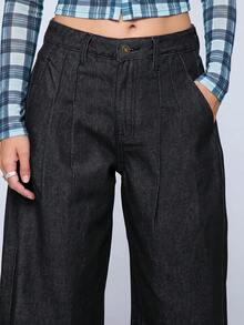 COUREZ Celana Jeans Lipit Balon Sedang Warna Hitam Denim Wash Gaya Y2K Musim Gugur untuk Wanita, Celana Jeans Longgar untuk Pergi Keluar Musim Gugur untuk Wanita - Hitam - View 7
