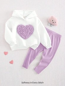 Cozy Pixies 女嬰 3D 愛心連帽長袖套頭衛衣與彈性腰頭內搭褲 2 件套 - 淡紫色 - 查看 8