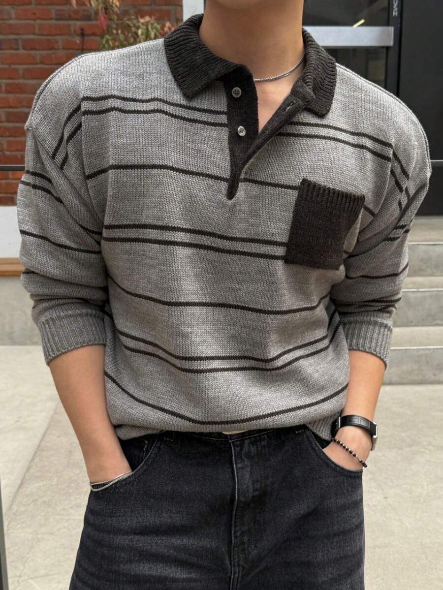 DAZY Spring/Autumn Grey Body Black Striped Jacquard Collar Contrast Color Polo Neck Men's Sweater - Grey - View 1
