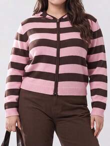 Solavibe Plus Size Light Pink Zip‑Up Hooded Knit Cardigan, Campus Daily Wear, Autumn, Back To School Formal Date Night Going Out Y2k 90s 1960s - Pink - View 6