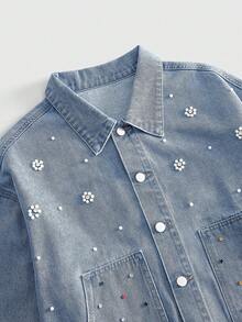 ROMWE MEN Street Life Washed Heavy-Duty Studded Pearl Fashion Casual Versatile Comfortable Men's Long Sleeve Top - Blue - View 3