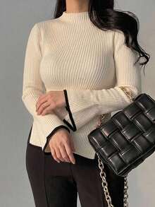 Dazy Plus Plus Size Colorblock Patchwork Flared Sleeve Split Hem Fitted High Neck Casual Sweater For Autumn/Winter - Apricot - View 6