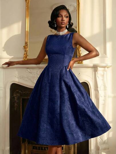 Vintamour Vintage Classic Elegant Women's Fitted Boat Neck Jacquard Dress, Spring/Summer Party Gathering Wedding Graduation Birthday Dress, Navy Blue Pocket Umbrella Hem Skirt