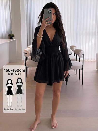 SHEIN PETITE 2026 Women's Autumn Black Long-Sleeve Ruffled Hem V-Neck Mini Dress, Perfect For Commuting. Ideal For Parties, Everyday Casual Elegant Night Out