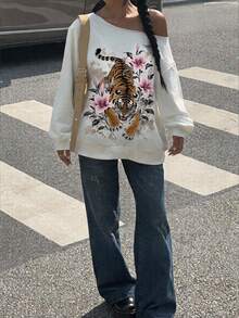 SHEIN EZwear 新款秋冬女款露肩長袖衛衣 Y2K 休閒街頭風 外出日常 白花卉 開學季 - 彩色 - 查看 7