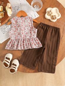 SHEIN Vintaside Kids 2件組女嬰幼兒/新生兒 0-3歲 春夏休閒甜美日常度假條紋梭織無袖背心上衣寬腿褲兩件套 - 咖啡棕 - 查看 2