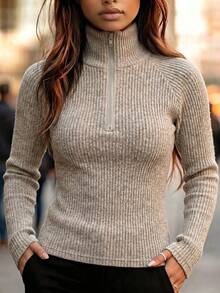 SHEIN Women's Elegant Casual Lazy Daily Cropped Ribbed Top Half-Zip Collar Soft Knit Coffee-Outing - Apricot - View 5