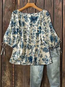 SHEIN CURVE+ Plus Size Floral Print Lantern Sleeve Casual Shirt - Blue - View 2