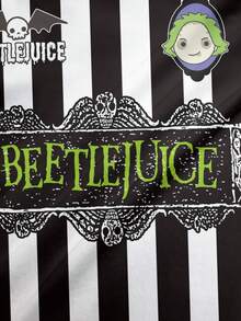 Beetlejuice X SHEIN Women's Black And White Striped Letter Print Round Neck Short Sleeve T-Shirt For Daily Wear Halloween Day Time Holiday Summer Streetwear Casual - White - View 4