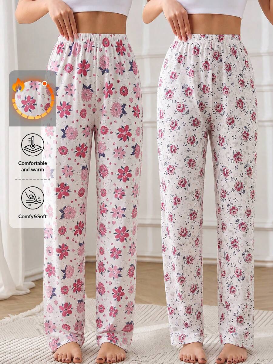 SHEIN 女款 2 件組花卉印花多色睡眠褲 - 彩色 - 查看 1