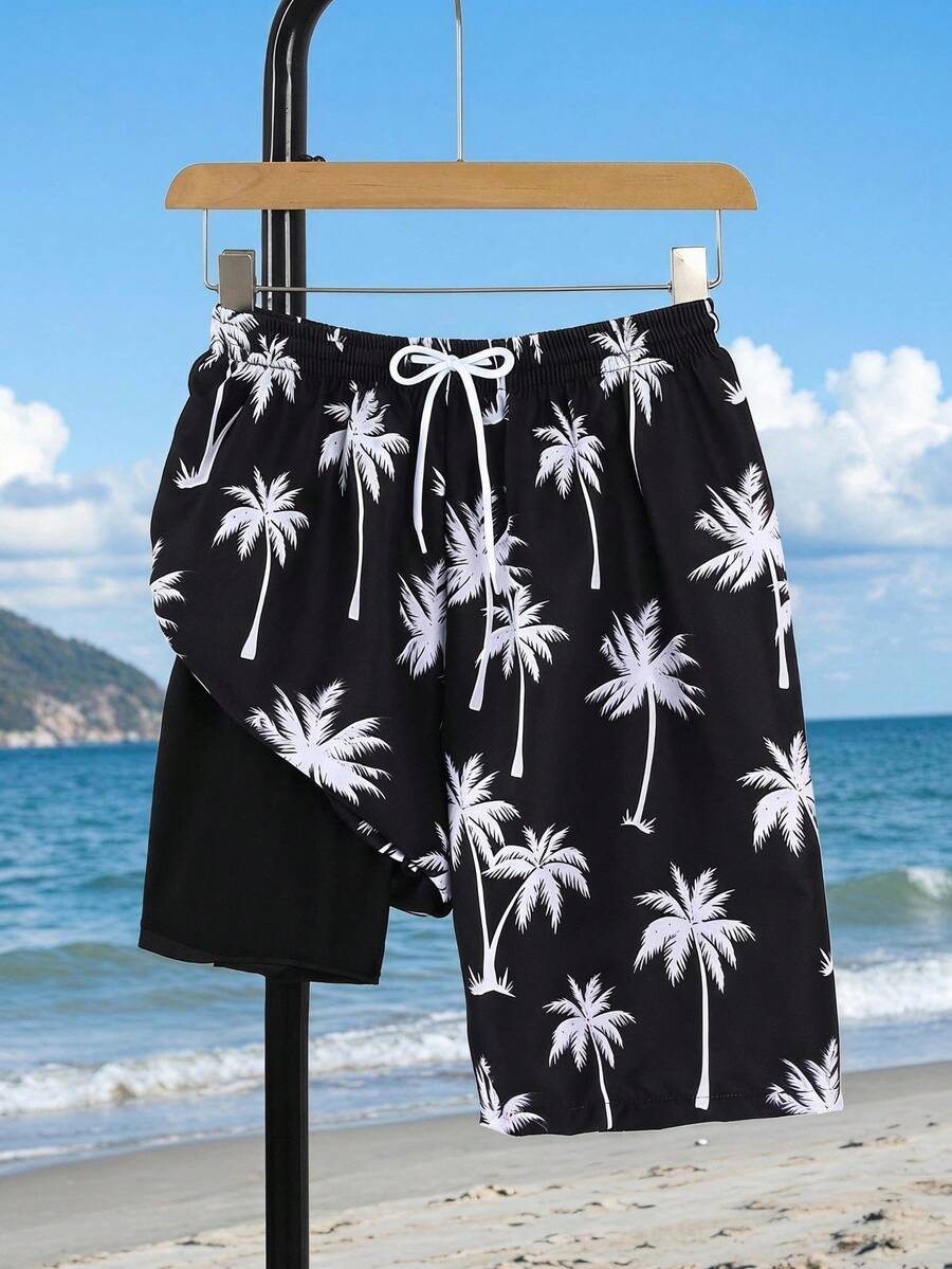 SHEIN Teen Boy's Printed Random Design Swim Trunks, Liner Swimming Suit Fabric, For & Surfing, Spring/Summer Boys With Compression Stretch Shorts - Black - View 1