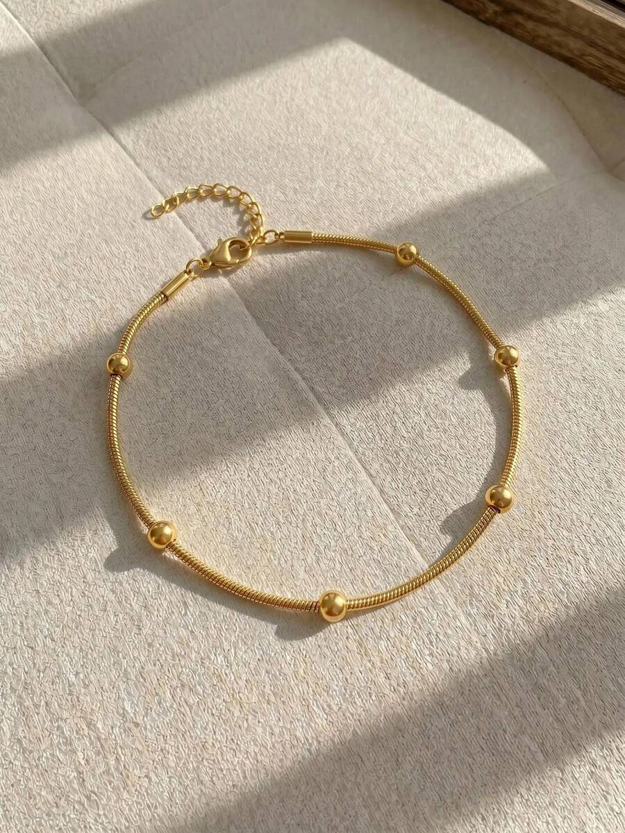 Resyla 1pc Simple European And American Style Stainless Steel Round Snake Chain Anklet, Suitable For Women Daily Wear - Yellow Gold - View 1