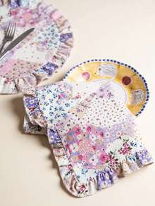 SHEIN Patchwork Floral Long Table Runner, Ruffled Edge Fresh Natural Pastoral Style Table Mat, Kitchen & Dining Room Decor, 2 Colors Available (Purple & Blue Patchwork Floral) - Purple/blue spliced flower - View 7