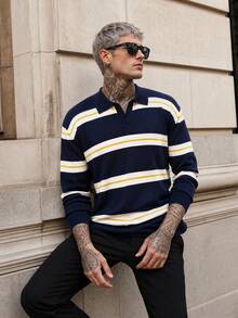 Manfinity LEGND Men's Colorblock Striped Pattern Casual Versatile Daily Wear Sweater, Old Money - Blue - View 5