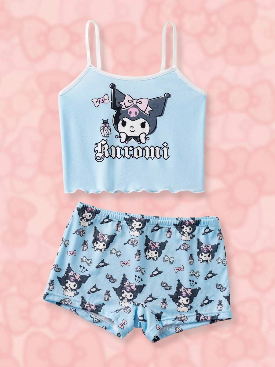HELLO KITTY AND FRIENDS | SHEIN Set Pakaian Kasual Sehari-hari untuk Remaja Perempuan: Atasan Camisole Motif Kartun Huruf dan Celana Dalam Hipster - Biru - View 1