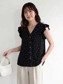 SHEIN LUNE 休闲简约复古圆点印花图案女式衬衫，适合夏季穿着 - 彩色 - 查看 3
