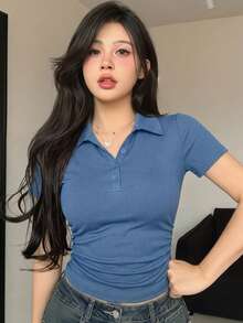 DAZY 女款夏季藍色 Polo 衫，修身休閒短袖運動 T 恤 - 藏蓝色 - 查看 4
