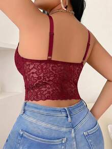 SHEIN 無線無墊性感大尺碼蕾絲內衣 - 紅色 - 查看 2