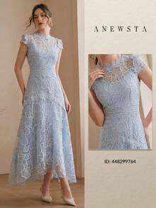 Anewsta 女士优雅蕾丝刺绣拼接连衣裙，适合约会和正式场合 - 天藍色 - 查看 1