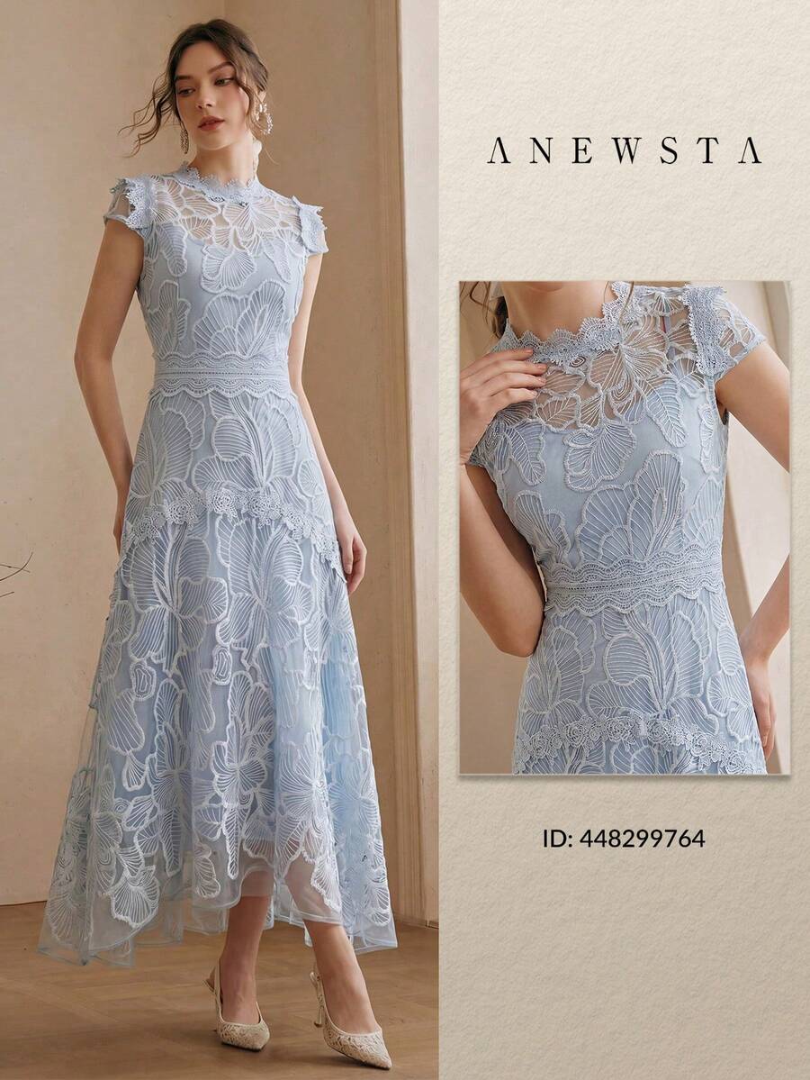 Anewsta 女士优雅蕾丝刺绣拼接连衣裙，适合约会和正式场合 - 天藍色 - 查看 1