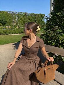 SHEIN MOD Plus Size Women's Solid Color Button Fitted Elegant 1950s Vintage 1920s Mid-Length Dress, Vintage Court Style, Old Money Vibe, Formal, Chocolate Brown - Khaki - View 9