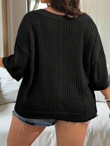 SHEIN CURVE+ Maglione casual oversize con scollo a V, maniche corte e design traforato, adatto per primavera ed estate - nero - Visualizzare 2