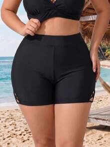 SHEIN CURVE+ 2026新款大尺碼女款純黑色修身提臀比基尼三角短褲，適合夏季海灘度假 - 黑色 - 查看 4