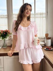 Snug Reverie Conjunto de pijama de shorts con volantes románticos de unicolor para mujer - Rosa Pálido - Ver 1